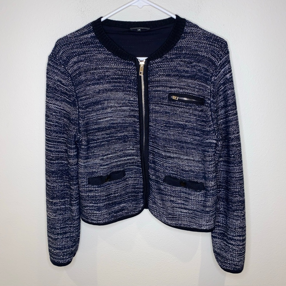 Rag‎ & Bone Rosalie Cropped Zip-Up Sweater Jacket Blue White Knit Pockets Size S